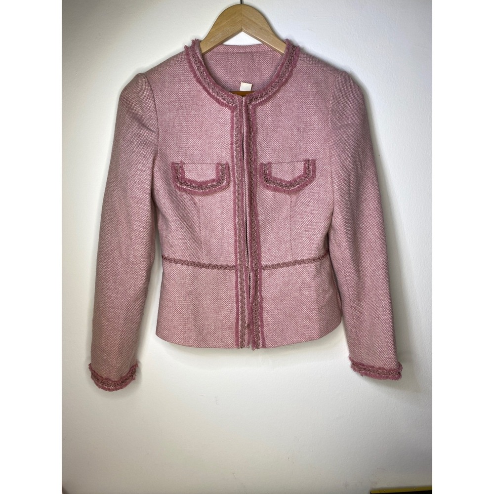 VTG Chic Pink Tweed Collarless Jacket Blazer Women Embellished Trim lined nice! - Picture 2 of 15